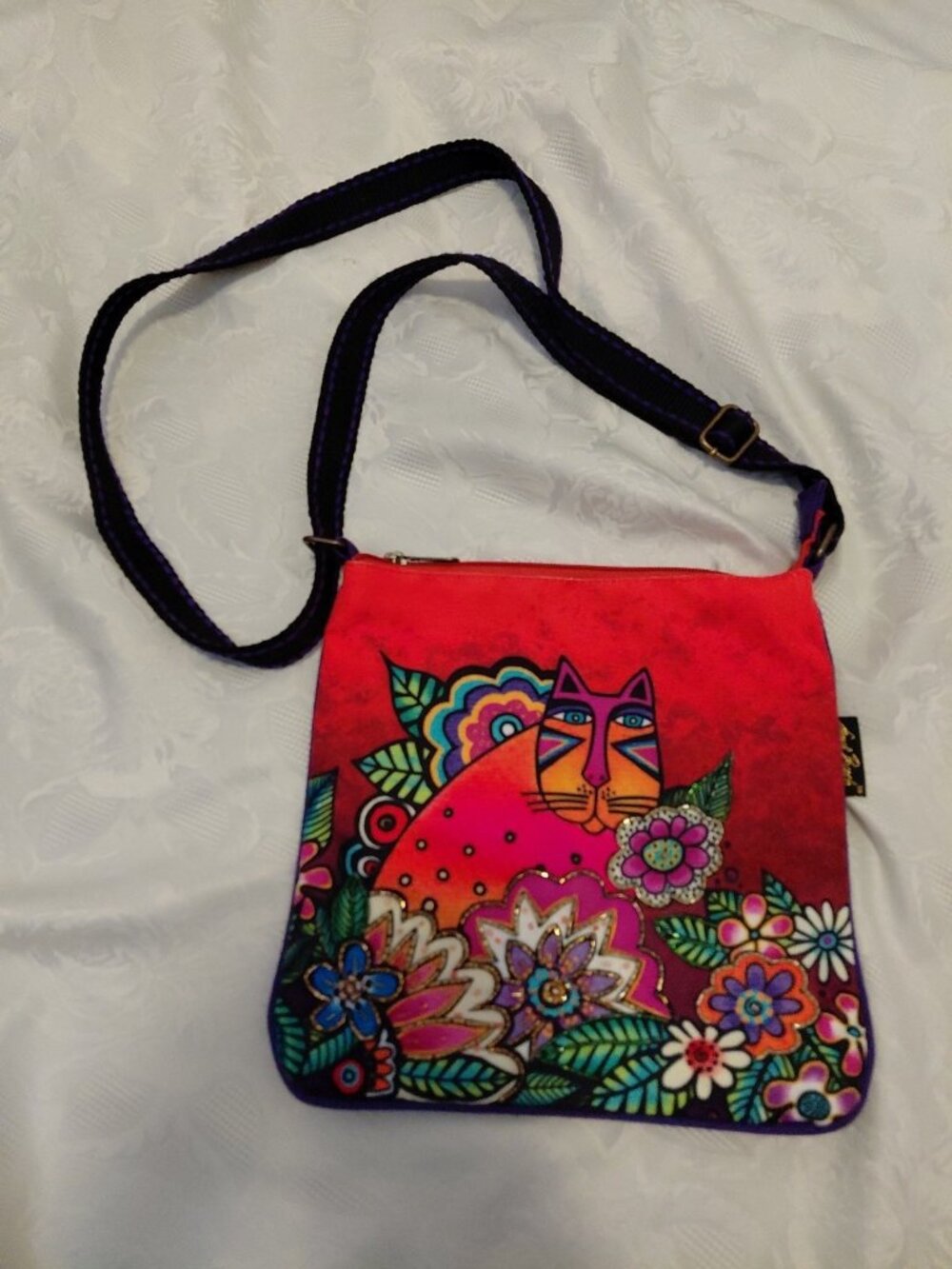 Laurel Burch Cat Chant D'Oiseau Crossbody Canvas Tote Bag 10" x 10"